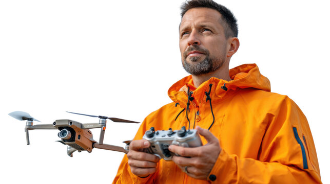 Man and drone: A man operates a drone, capturing the spirit of flight and exploration through high-angle shots. A contemporary scene that embodies tech-savvy lifestyle.