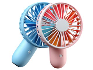 Cool Breeze: Two handheld fans with colorful blades and ergonomic handles are positioned to cool us down, it captures simplicity and functionality.