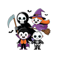 Cute Halloween Kids Characters – Witch, Vampire, Grim Reaper and Skeleton Cartoon Illustration