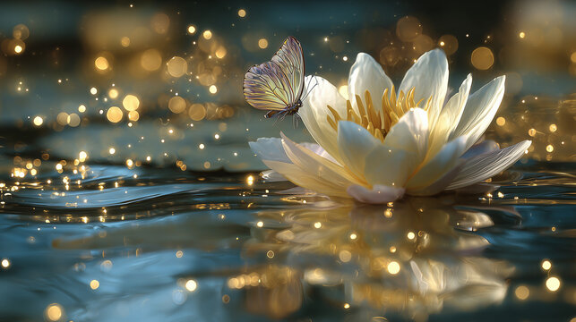 Beautiful white water lily flower and the butterfly in beautiful pond with clear water , effect with golden dots