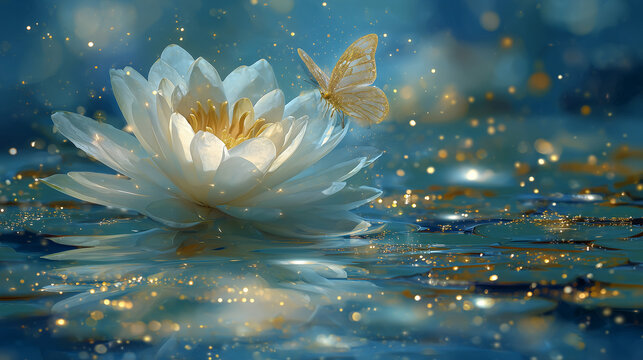 Beautiful white water lily flower and the butterfly in beautiful pond with clear water , effect with golden dots