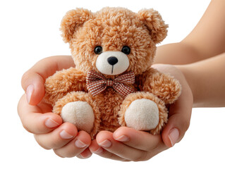 Obraz premium Caring Hands Holding Teddy Bear: A cuddly teddy bear, held gently in the cupped hands, speaks to feelings of tenderness and affection.