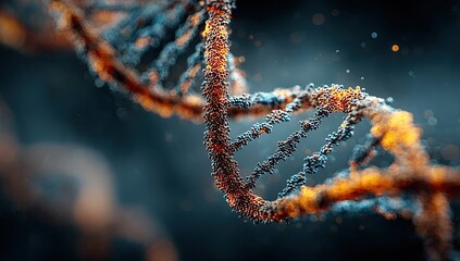 Close-up of a DNA double helix, detailed with orange-brown particles,  on a dark background