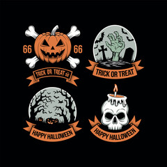 Halloween Badge Set with Pumpkin, Zombie Hand, Graveyard and Skull Candle Illustration