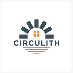 Modern brick house and sunrise logo design with creative typography