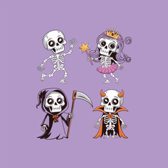 Cute Skeleton Characters Illustration – Dancing Skeleton, Princess, Grim Reaper and Devil for Halloween Design