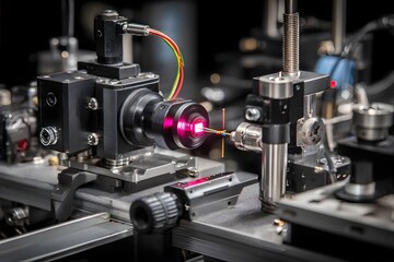 Fototapeta premium Close - up of precision optical equipment in a lab, featuring lenses, colorful cables, and a bright laser beam, ideal for scientific research and technology themes.