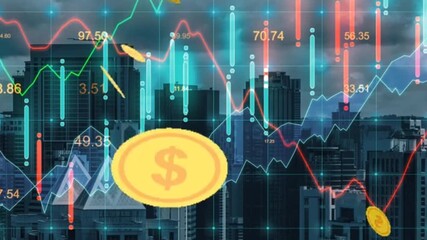 Futuristic financial stock market chart with gold dollar coins falling over a modern cityscape background representing economic trends and investment - Powered by Adobe