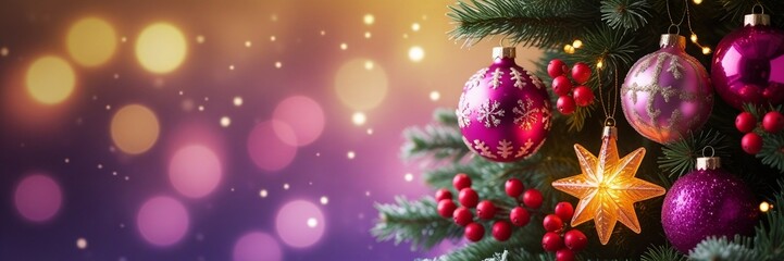 Christmas Tree with Star Ornament, Red Baubles, and Festive Lights on Colorful Bokeh Background AI-Generated