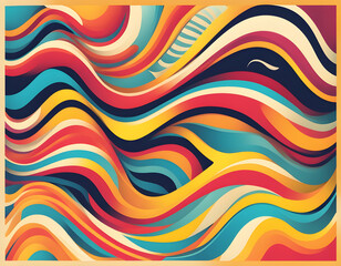Abstract vintage poster of colorful wavy lines and shapes. Summer bright background. Groovy psychedelic curved waves. Vector illustration background