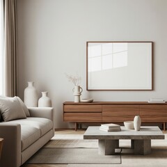 Mockup poster frame in elegant minimalist living room interior with neutral tones, wooden furniture, and ceramic decor elements