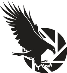 Dynamic vector logo of a powerful eagle with spread wings set against a camera lens shutter, symbolizing sharp vision, precision, and freedom.