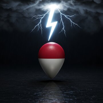 Dramatic storm with lightning strikes location pin Indonesia concept