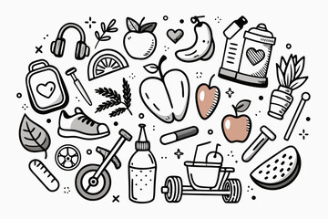 Healthy lifestyle doodle art featuring fitness, nutrition, and wellness icons, perfect for health blogs, wellness campaigns, and social media content