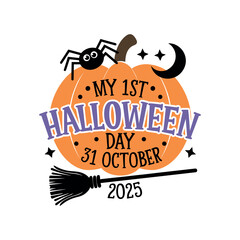 My First Halloween Pumpkin Design with Spider, Moon, Stars and Witch Broom – October 31, 2025
