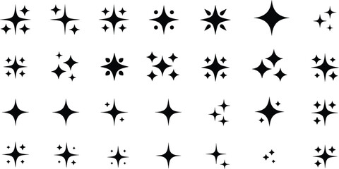 A collection of sparkling star icons in various sizes and orientations, perfect for adding a touch of brilliance and elegance to your design projects. 