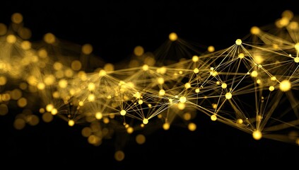 Golden network of interconnected particles on a black background