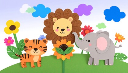 Fototapeta premium Cute paper animals in a colorful landscape