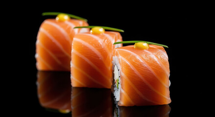 Delicious salmon sushi rolls with a splash of mustard on a reflective surface