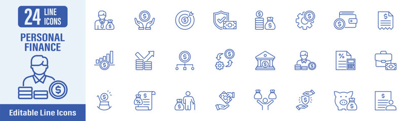 Personal Finance web icons in line style. Contains icons as personal finance, finance, income, budget, insurance, money, savings, financial, investment, pension fund and more. Vector illustration.