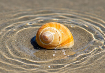Sunlit seashell resting on sand with rippling water circles