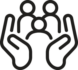 Minimalist line art icon of hands protecting a group of people, symbolizing community support, family care, social welfare, and insurance. Vector illustration for teamwork 