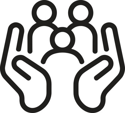 Minimalist line art icon of hands protecting a group of people, symbolizing community support, family care, social welfare, and insurance. Vector illustration for teamwork 