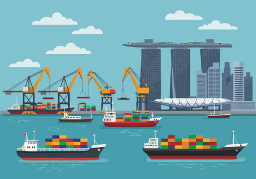 Vector illustration of a bustling seaport with container cargo ships, port cranes, and a futuristic city skyline representing global trade and logistics.