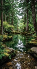 Obraz premium Lush forest stream reflects trees