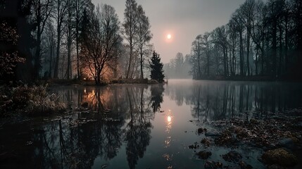 Moonlit lake surrounded by dark silhouettes of trees, with the full moon&acirc;&euro;&trade;s reflection stretching across the water  