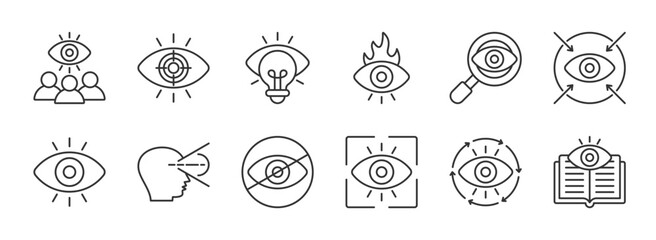 Vision line editable icon set collection. Contain icons related to Vision, Eye, look, perspective, binocular, and more. Editable stroke. Vector illustration eps 10