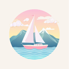 Fototapeta premium Cartoon retro boat with white sails 1