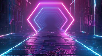 Neon light hexagon frame vector background glowing with neon lights in the style of black, blue and purple colors.