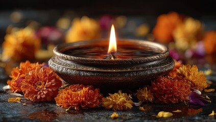 Burning oil lamp, surrounded by flowers