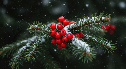 Close-up of red winter berries on a snow-covered evergreen branch with falling snow