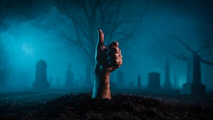funny halloween horror concept: a zombie hand emerges from a grave in a spooky cemetery at night giving a thumbs up gesture.