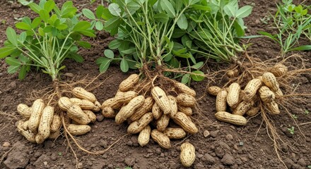 Three uprooted peanut plants with numerous peanuts attached to their extensive root systems, displayed on dark brown soil, showcasing vibrant green foliage