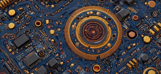 Close-up of intricate circuitry, gold accents on a dark blue background