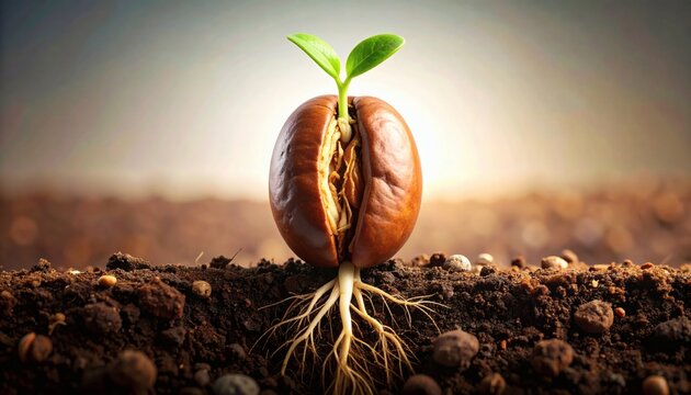 New life from a single coffee bean sprouting with roots in rich soil, a concept of growth and beginning.