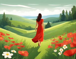 Woman in red dress walking through field of red poppies and white flowers, with hills, trees, and mountains in background.