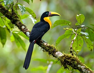 Naklejka premium Collared Aracari Perched on Branch in Rainforest