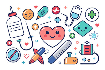 Cheerful healthcare icons and medical illustrations with smiling faces, perfect for health, wellness, and medical-themed projects, conveying positivity and care