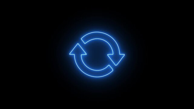 Glowing flat symbol of circular rotation, eco recycling recurrence, sustainable renewal process, neon icon design isolated on black background