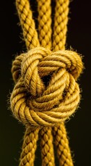 Close-up knot of three yellow ropes against dark background