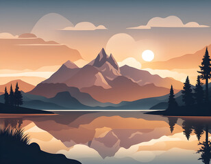Beautiful landscape vector illustration. Warm sunrise over mountains, lake and forest. The concept of travel, hiking, outdoor activities and adventure. Landscape background