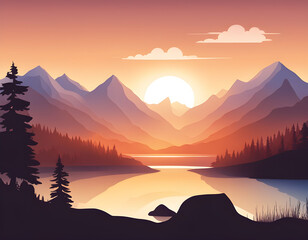 Beautiful landscape vector illustration. Warm sunrise over mountains, lake and forest. The concept of travel, hiking, outdoor activities and adventure. Landscape background