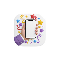 Celebratory mobile interface mockup hand holding phone festive confetti design element