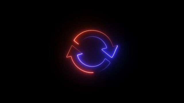 Neon glowing eco-friendly icon of recycling rotation, circular recurrence and sustainable renewal process, 4k video on dark background