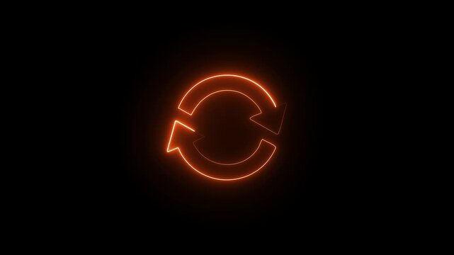 Glowing flat symbol of circular rotation, eco-friendly recycling recurrence, sustainable renewal cycle, neon vector icon design isolated on black background