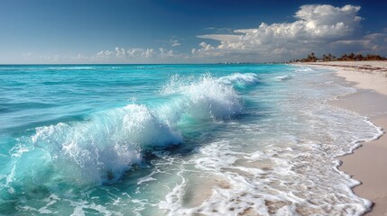 Fototapeta premium Turquoise waves crash on a white sandy beach under a bright blue sky